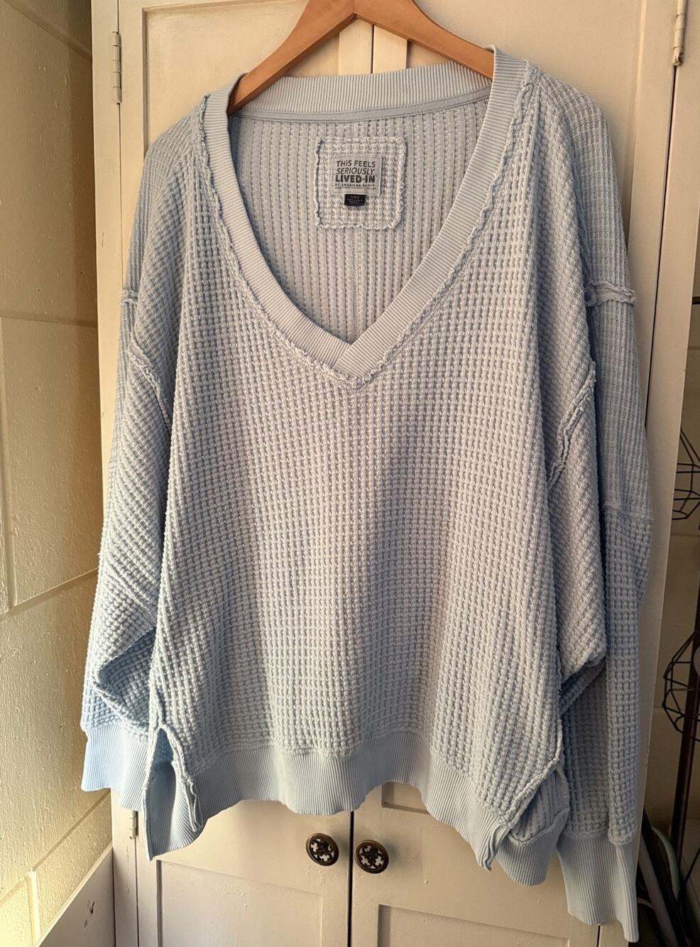 American Eagle Seriously Lived-In Waffle Knit Thermal Oversized Top Blue Large